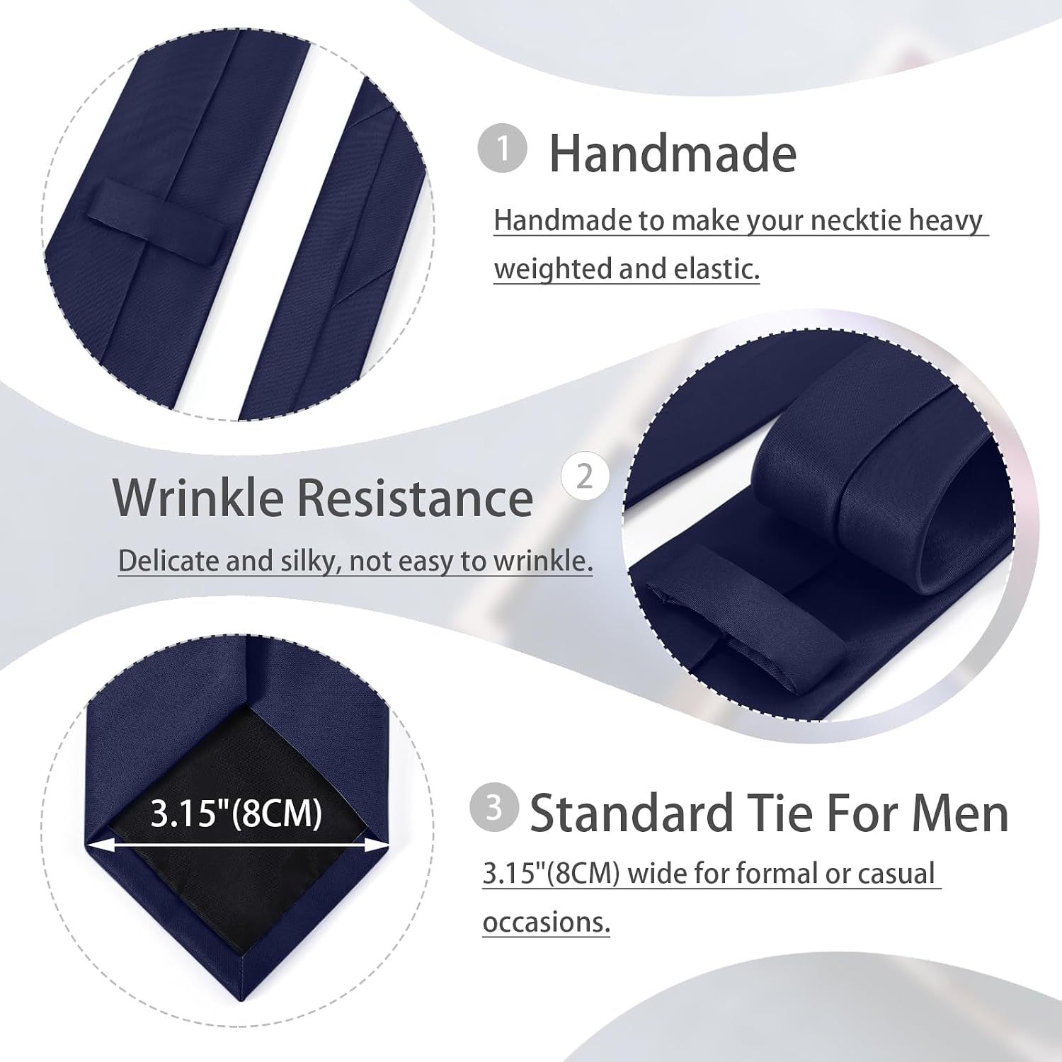 JUNMEISI Black Tie Set in Gift Box Mens Solid Color 3.15" (8CM) Black Necktie and Pocket Square Set