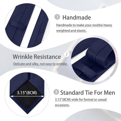 JUNMEISI Black Tie Set in Gift Box Mens Solid Color 3.15" (8CM) Black Necktie and Pocket Square Set