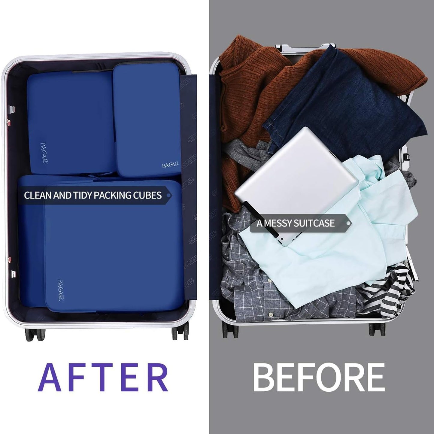 BAGAIL 4er-Set Kompressions-Packwürfel Reise-erweiterbare Packorganizer (Schwarz, 4er-Set)