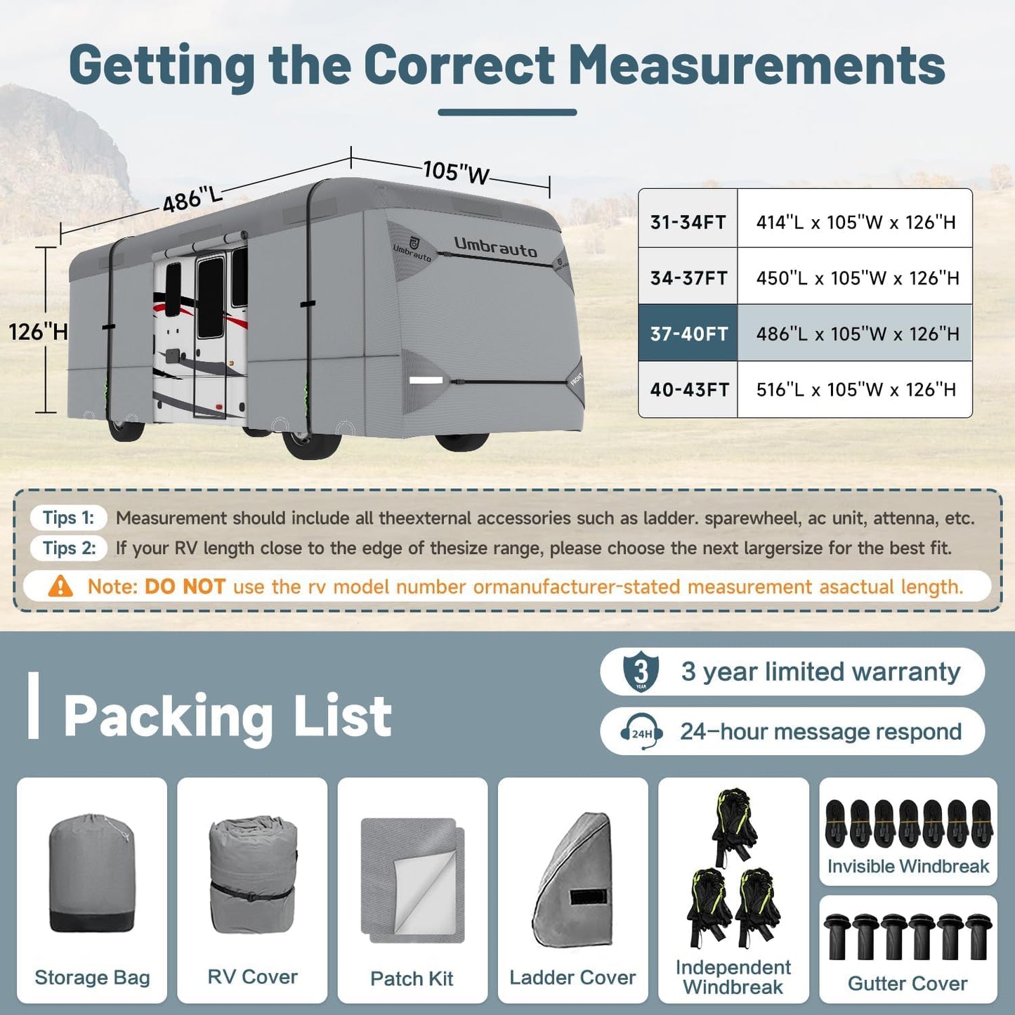 Umbrauto Class C RV Cover Fits 29-32’, Class C Motorhome Camper Cover, Heavy Duty 7 Layers Top Windproof Breathable RV Cover with 3Pcs Extra Straps, Adhesive Repair Patches, 6 Gutter Covers