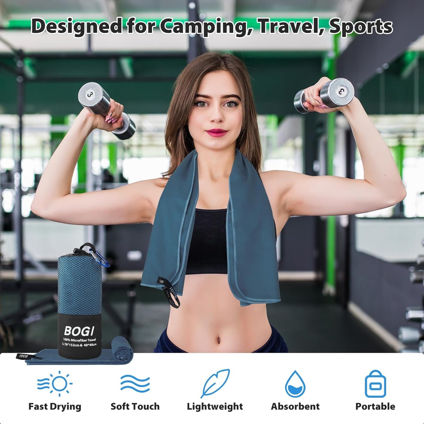 BOGI Mikrofaser Reise-Sporthandtuch – Schnelltrocknendes Handtuch, weiches, leichtes Mikrofaser Campinghandtuch, saugfähiges, kompaktes Reisehandtuch für Camping, Fitnessstudio, Strand, Bad, Yoga, Schwimmen, Rucksacktouren (M:40''x20''-Dunkelblau)