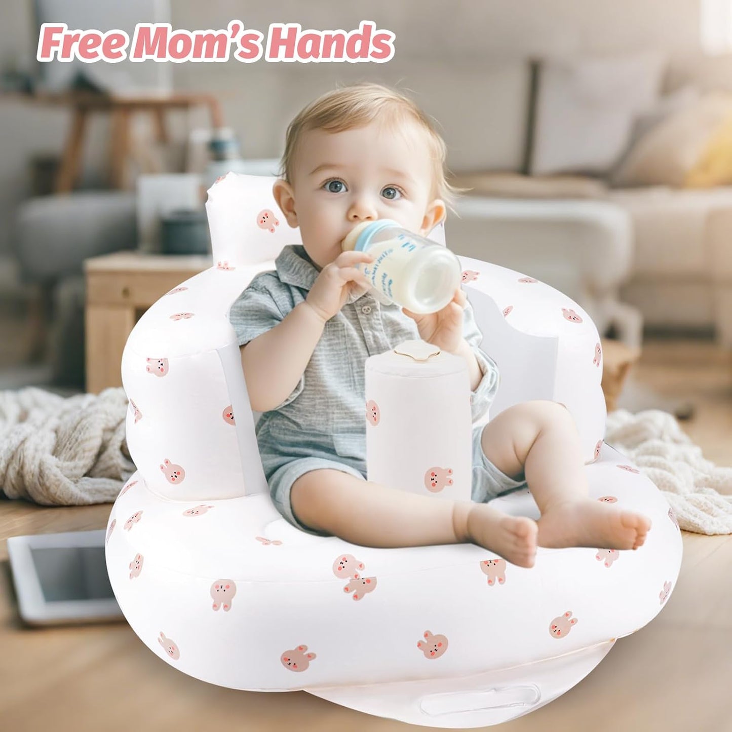 Aufblasbarer Babysitz, aufblasbarer Babystuhl für Babys ab 3 Monaten, aufblasbarer Sommerstuhl mit integrierter Luftpumpe, Baby-Bodensitz zum Sitzenlernen, Spielen, Campen, Orange