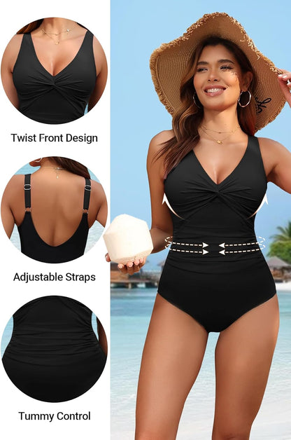Holipick Black Women Tummy Control One Piece Swimsuit