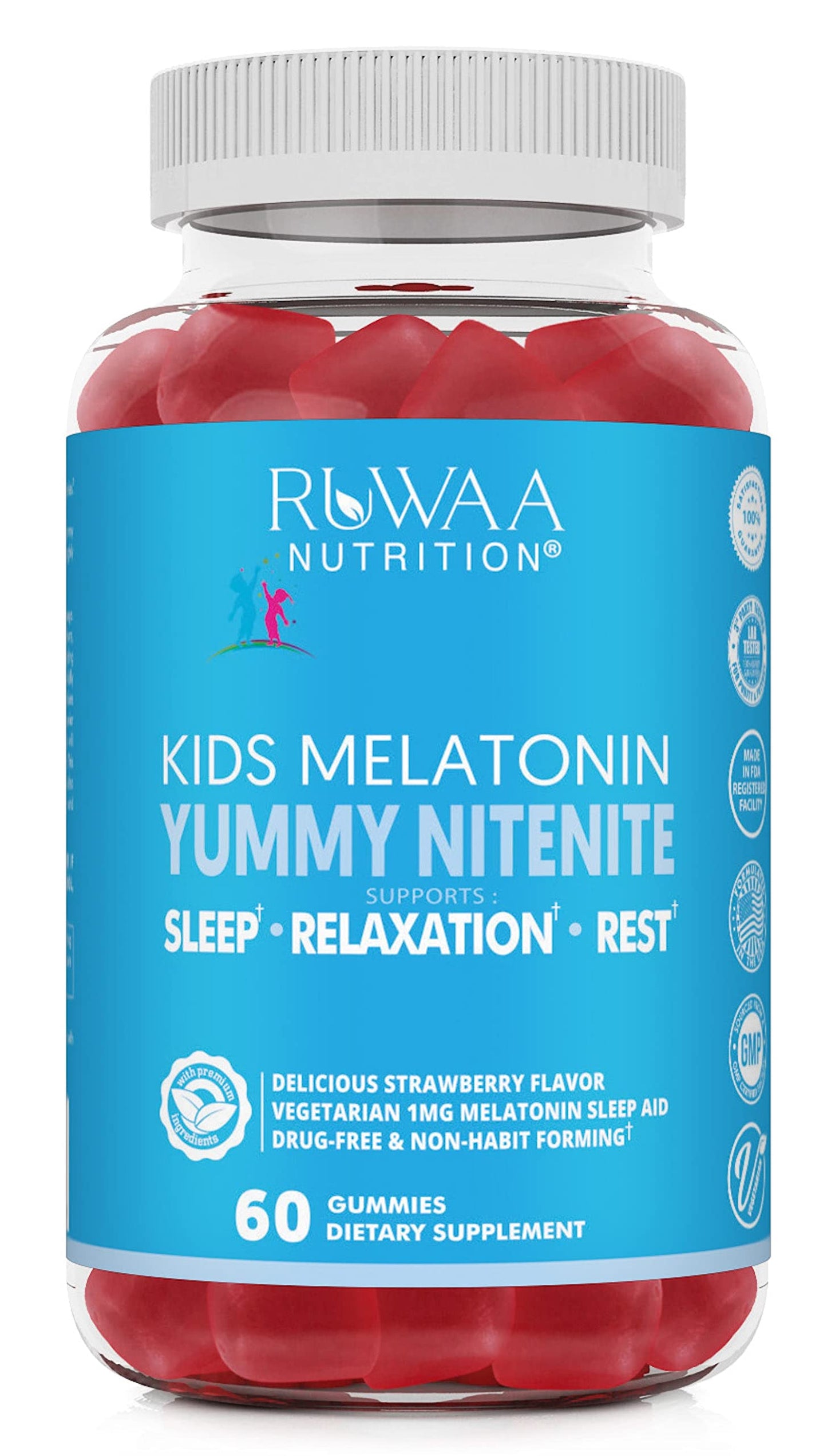 RUWAA NUTRITION Kids Melatonin Gummies 1 mg, Safe, Drug-Free & Effective Natural Sleep Aid for Kids. Children Melatonin Gummy, Gluten-Free Vegetarian Restful Sleep Support for Ages 4+. 360ct (6)
