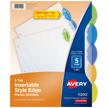 Avery Insertable Style Edge Plastic Dividers for 3 Ring Binders, 5-Tab Sets, Multicolor, 24 Sets, 120 Divider Tabs (11200)