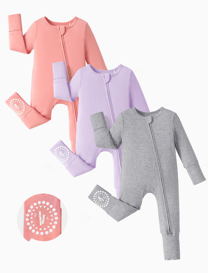 PATPAT Baby Footies Boys Girls - Bamboo Viscose - Zipper & Non-Slip Soles Romper Mitten - Footed & Footless Infant Clothes
