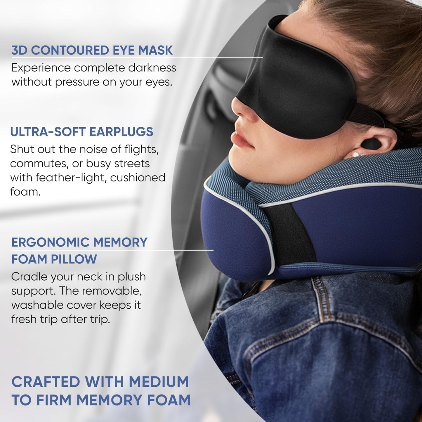 Proglobe Orthopädisches Nackenkissen Reise-Nackenkissen für Flugzeuge, Memory Foam Kit, aktualisiertes Ruhematerial, Flugreise-Set mit 3D-konturierter Augenmaske, Ohrstöpseln und luxuriösem Netzbeutel (Grau)