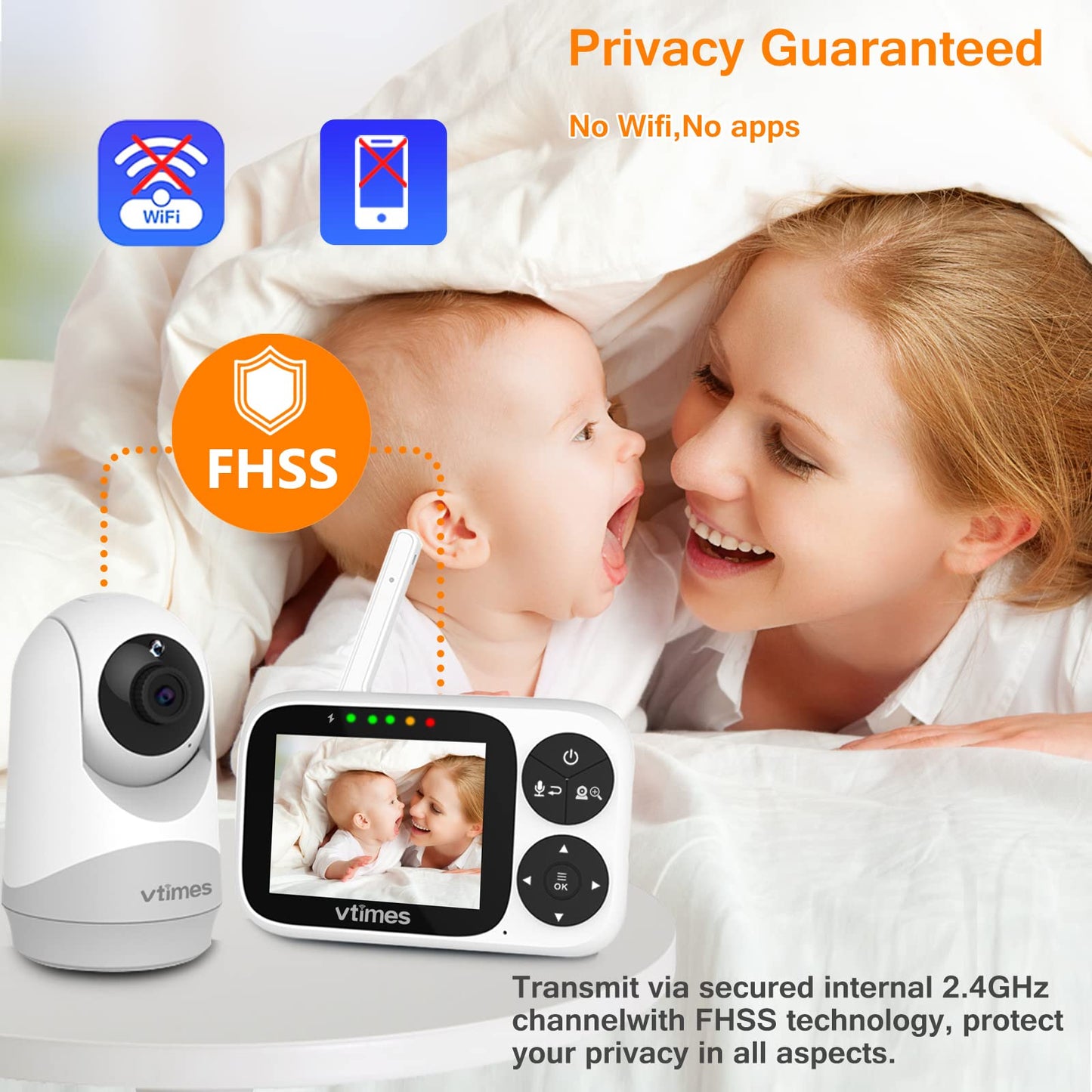 VTimes Baby Monitor with Camera and Audio, 6'' IPS Screen with 30-Hour Battery, Baby Monitor No WiFi Night Vision, ECO, 2-Way Audio, Pan-Tilt-Zoom, Baby Camera Monitor with 1000ft Range, Ideal Gift