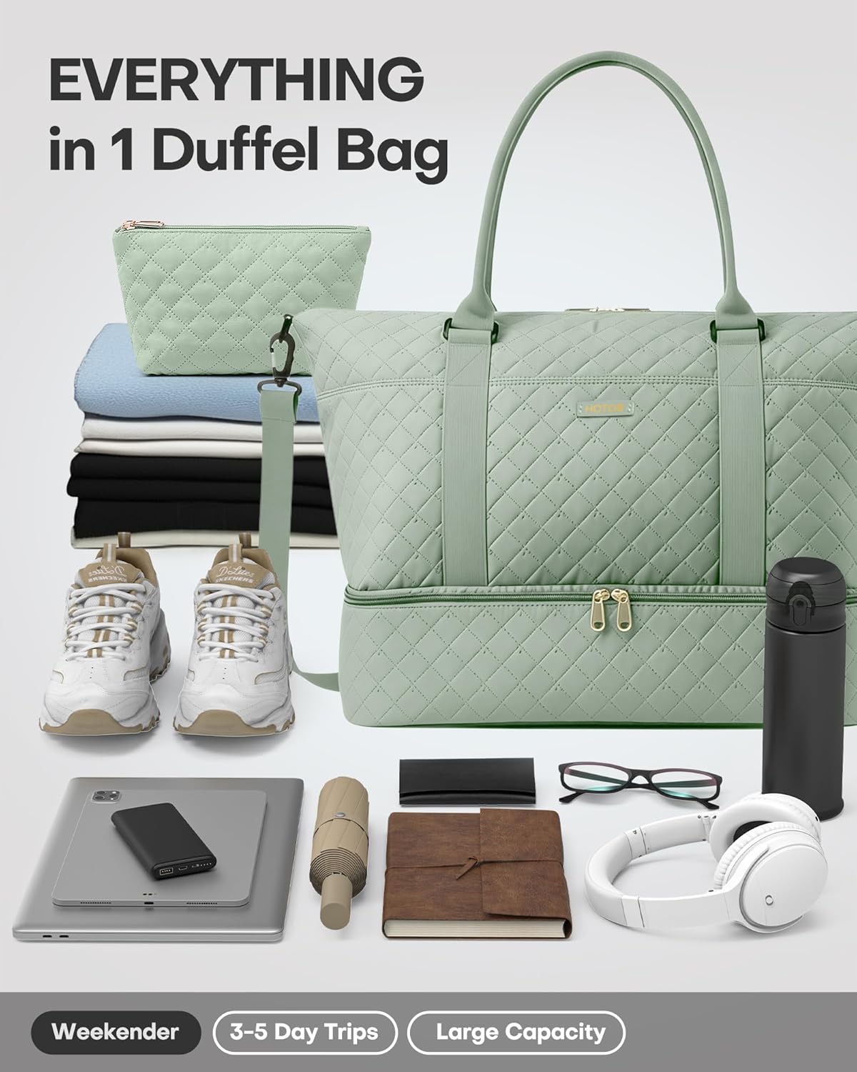 HOTOR Reisetasche - Große Weekender-Tasche für Frauen, Handgepäck mit Schuhfach, Übernachtungstasche mit Kulturtasche für Reiseutensilien und Reisezubehör, Schwarz, 34,0 x 45,0 x 20,0 cm