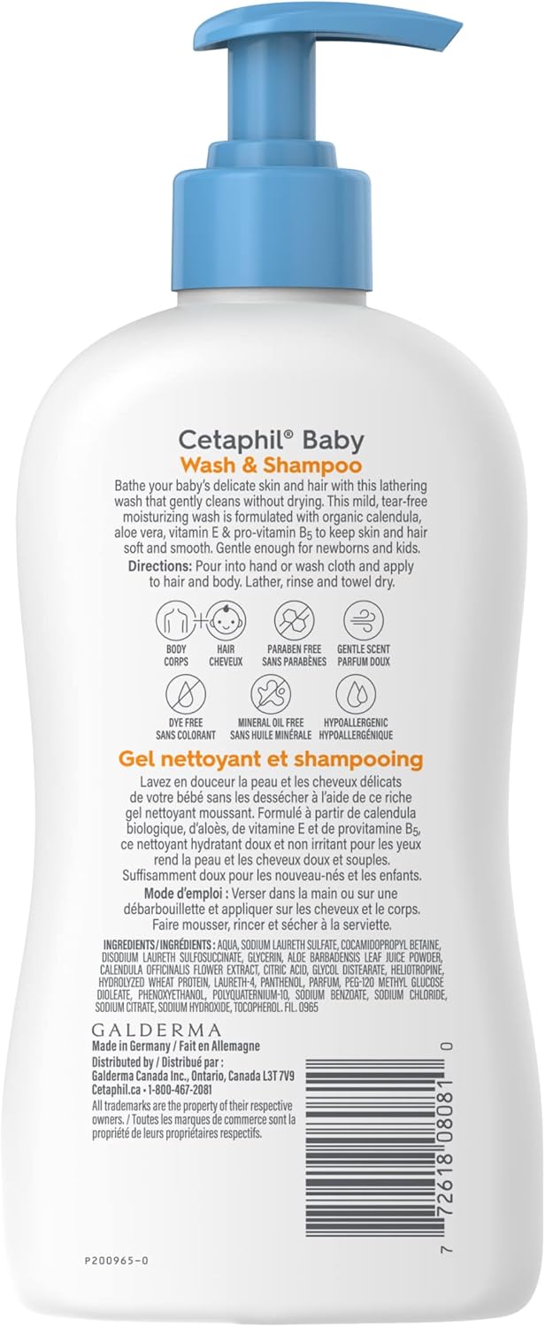 Cetaphil Baby Wasch & Shampoo mit Bio-Ringelblume – tränenfrei – ohne Parabene, Farbstoffe und Mineralöle – 400ml Pumpspender