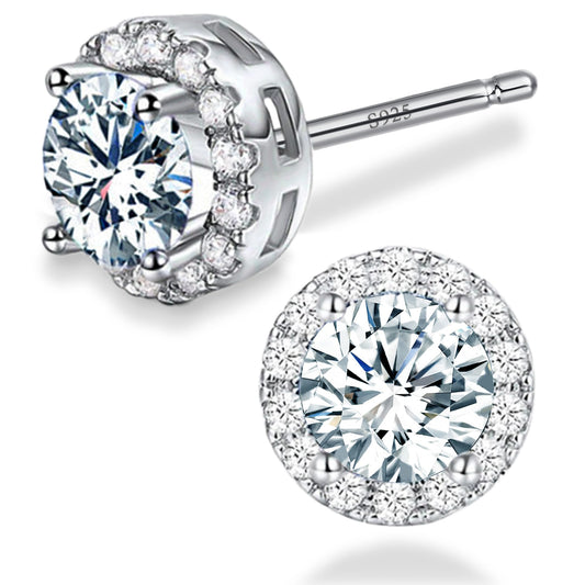 Sereney Dance Earrings 925 Sterling Silver Halo Stud Hypoallergenic Earrings for Women, CZ 8 mm Round Cubic Zirconia Earrings Studs Earrings for Men