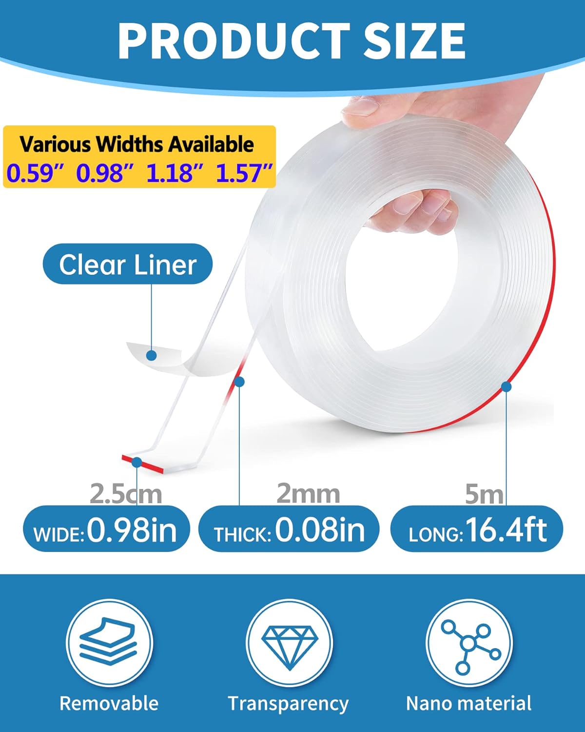 Teskyer Doppelseitiges Klebeband, Hochleistungsklebeband, Stark Haftendes Mehrzweck-Montageband, Abnehmbares und Wiederverwendbares Transparentes Klebeband (5m/Rolle, 1,5cm Breit)