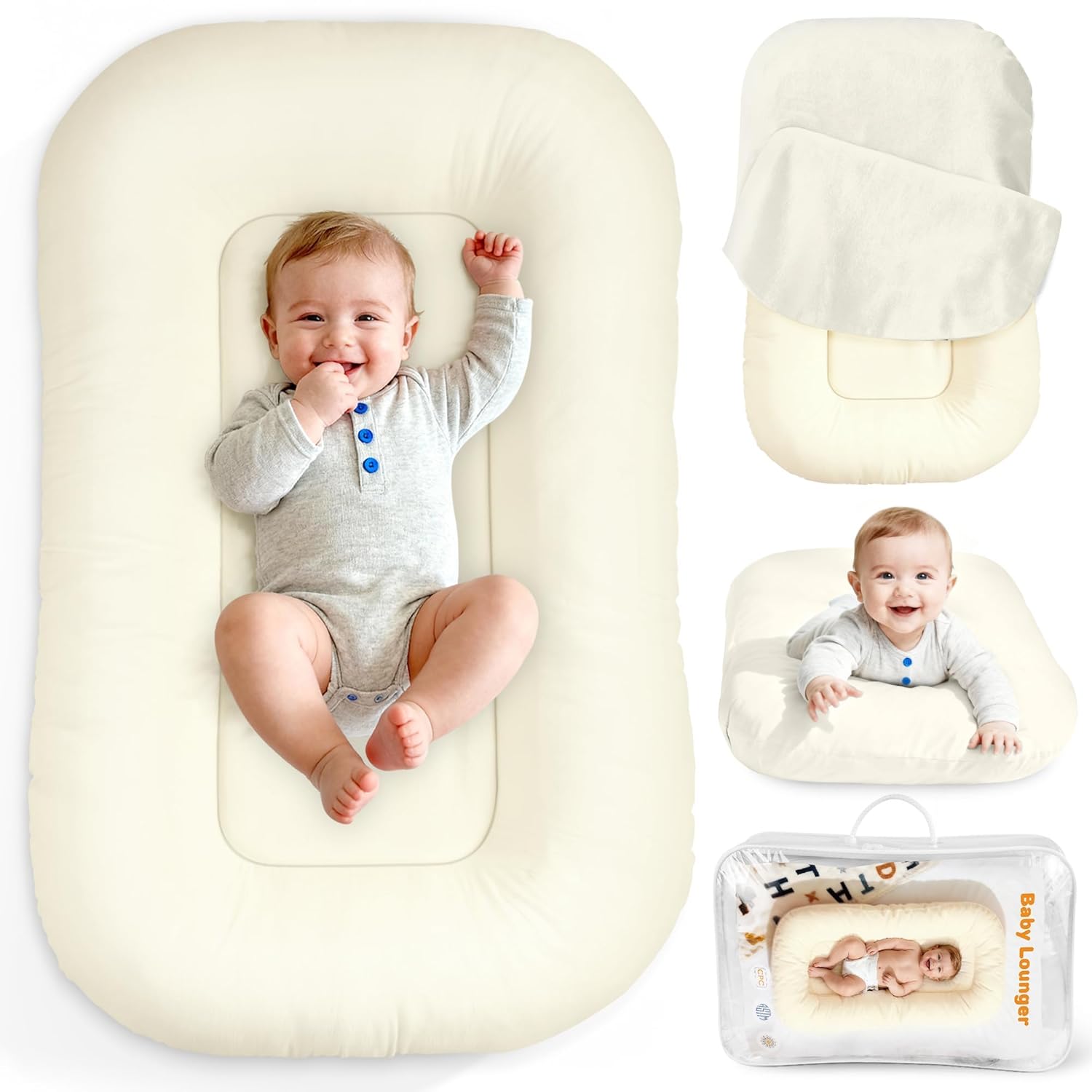 Baby Lounger & Nest for Newborn 0-24 Months, Baby Nest Supervised Breathable Cotton for Newborn, Newborn Essentials Gifts, Breathable Portable Infant Lounnger for Travel and Home(Cream White)
