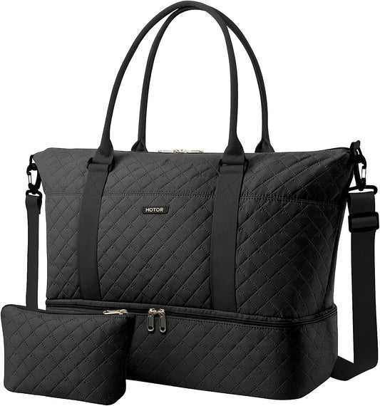 HOTOR Travel Duffel Bag - Large Weekender Bags for Women, Carry On Bag with Shoe Compartment, Overnight Bag with Toiletry Bag for Travel Essentials and Travel Accessories, Black, 34.0 x 45.0 x 20.0 cm