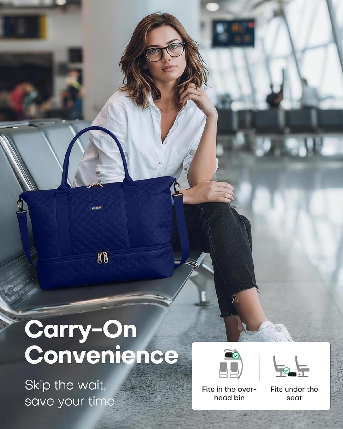 HOTOR Reisetasche - Große Weekender-Tasche für Frauen, Handgepäck mit Schuhfach, Übernachtungstasche mit Kulturtasche für Reiseutensilien und Reisezubehör, Schwarz, 34,0 x 45,0 x 20,0 cm