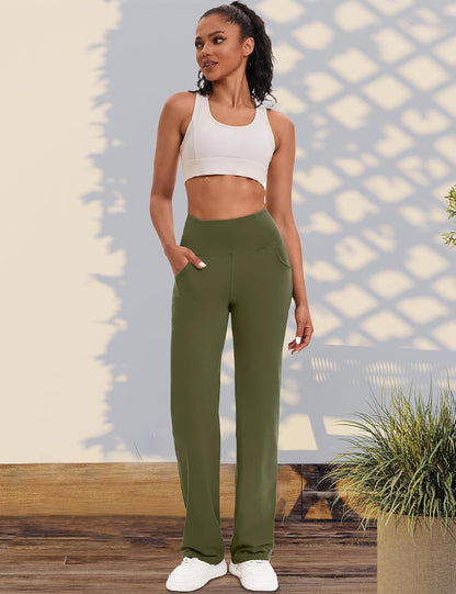 VOOVEEYA Yogahosen für Damen mit Taschen, gerade geschnittene Hose mit weitem Bein, hochtaillierte Business-Hose, petite/regulär//lang