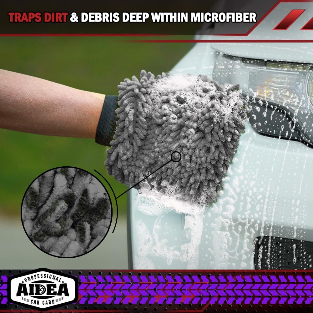 AIDEA Auto Waschhandschuh Mikrofaser, 2er Pack Kratzfrei Fusselfrei, Premium Chenille Mikrofaser Waschhandschuh Auto Waschbürste, Grün, Reguläre Größe 18,08 cm x 25,76 cm