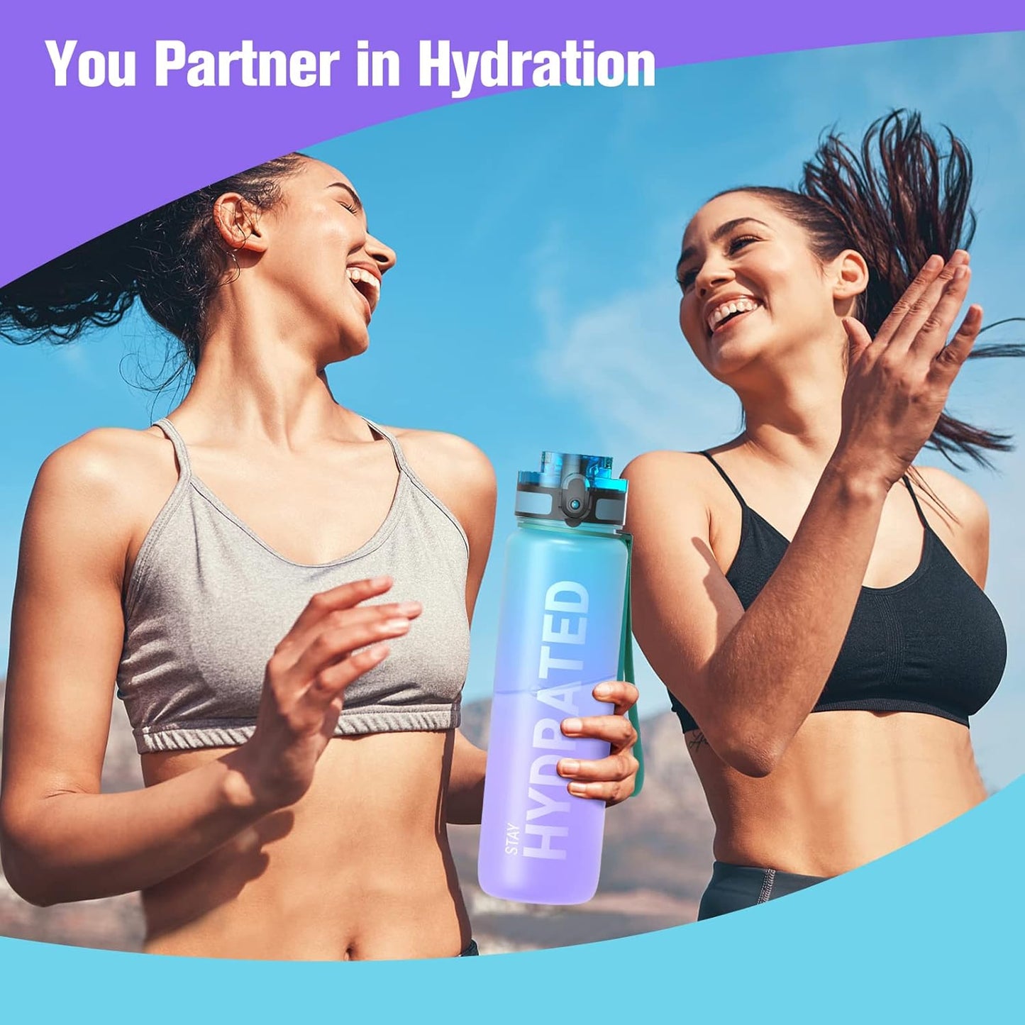 Sahara Sailor Trinkflasche, 950ml Motivations-Sportflasche mit Zeitmarkierung – Trinkzeiten – Tritan, BPA-frei, weite Öffnung auslaufsicher, Fast-Flow-Technologie mit Reinigungsbürste (1 Flasche)