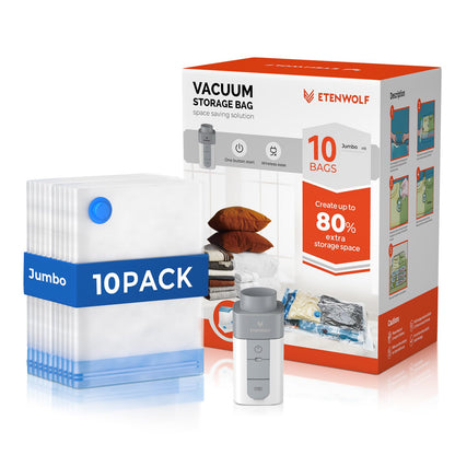 ETENWOLF Vacuum Storage Bags for Travel with Rechargeable Wireless Pump, Vacuum Seal Bags for Clothes and Travel, Space Saver Bags in Carry-On Sizes, Perfect for Luggage and Suitcases, 12 Combo