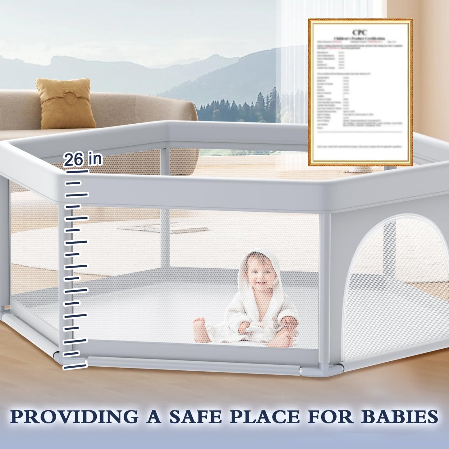 XVISHX 50 x 50 Inch Baby Playpen, Playpen for Babies and Toddlers, Baby Play Pen Playard for Indoor & Outdoor Active Center Game Fence, with Skin-Friendly Fabric and Soft Breathable Mesh, Grey