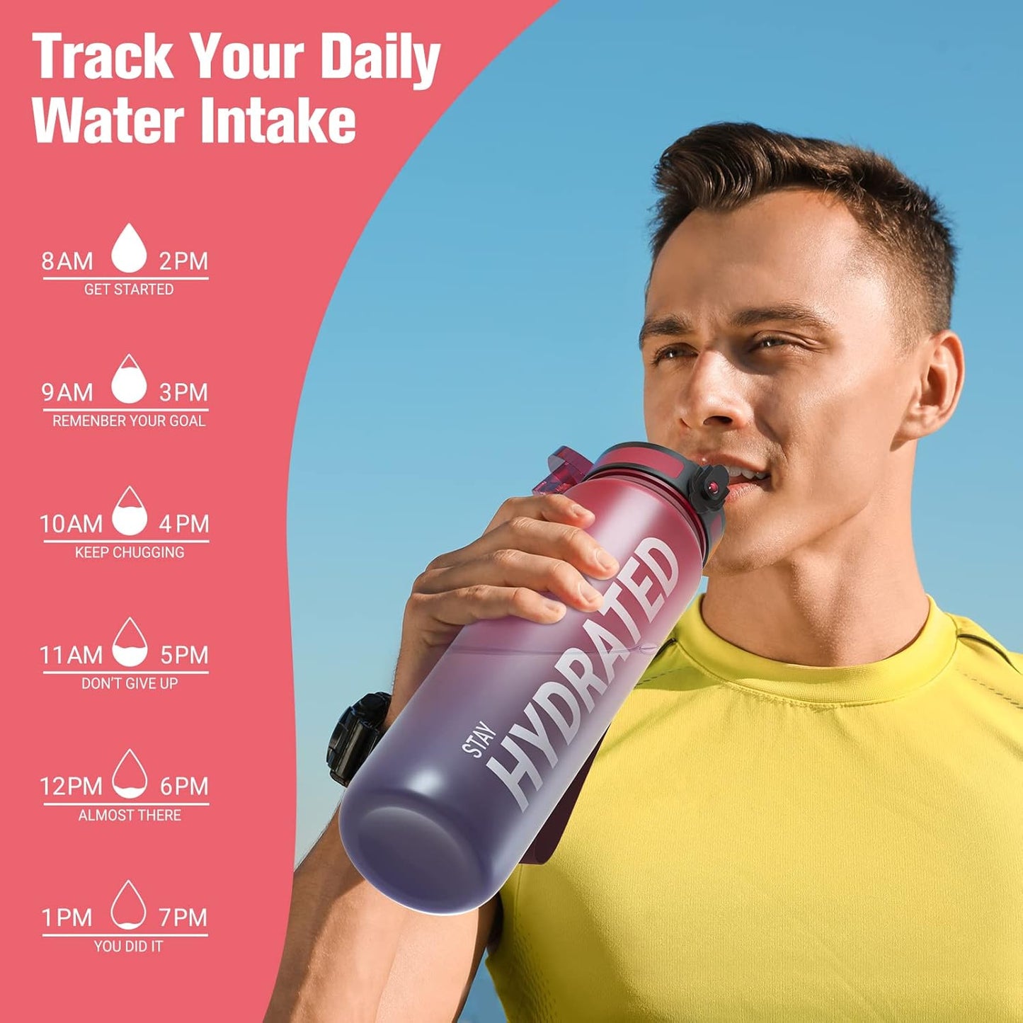 Sahara Sailor Trinkflasche, 950ml Motivations-Sportflasche mit Zeitmarkierung – Trinkzeiten – Tritan, BPA-frei, weite Öffnung auslaufsicher, Fast-Flow-Technologie mit Reinigungsbürste (1 Flasche)