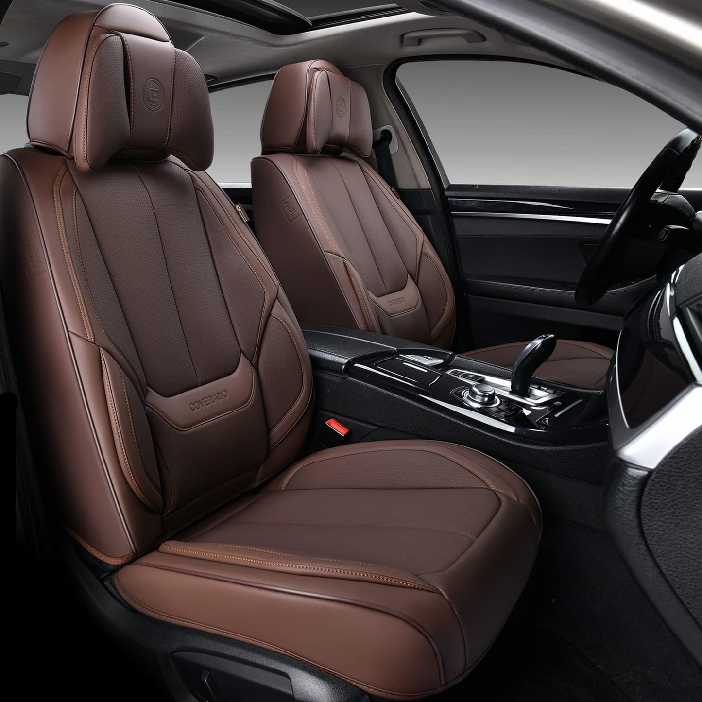 Coverado Car Seat Covers 5 Pieces, Full Set Universal Seat Covers for Cars, Waterproof Nappa Leather Auto Seat Protectors with Head Pillow, Car Interiors Fit for Most Sedans SUV Pick-up Truck, Black