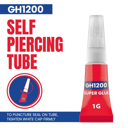 GH1200 Sekundenkleber Allzweck 1g (12er Pack) mit Präzisionsdüse. Superschneller, dicker & starker Klebstoff, universeller Sekundenkleber für Hartplastik, Bastelarbeiten, Gummi, Metall, Leder und vieles mehr