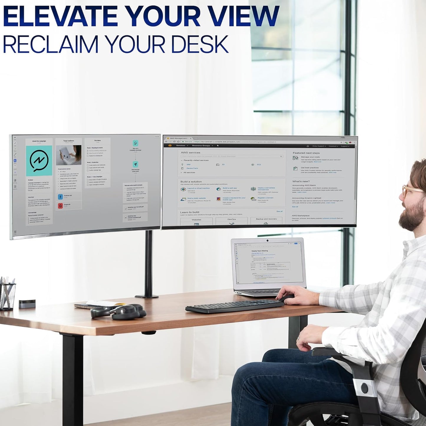 VIVO Dual-Monitor Tischhalterung, für 2 Bildschirme bis zu 30 Zoll und je 10 kg, Hochleistungs-Stahlständer voll verstellbar mit Klemme und Tülle, Schwarz, STAND-V002