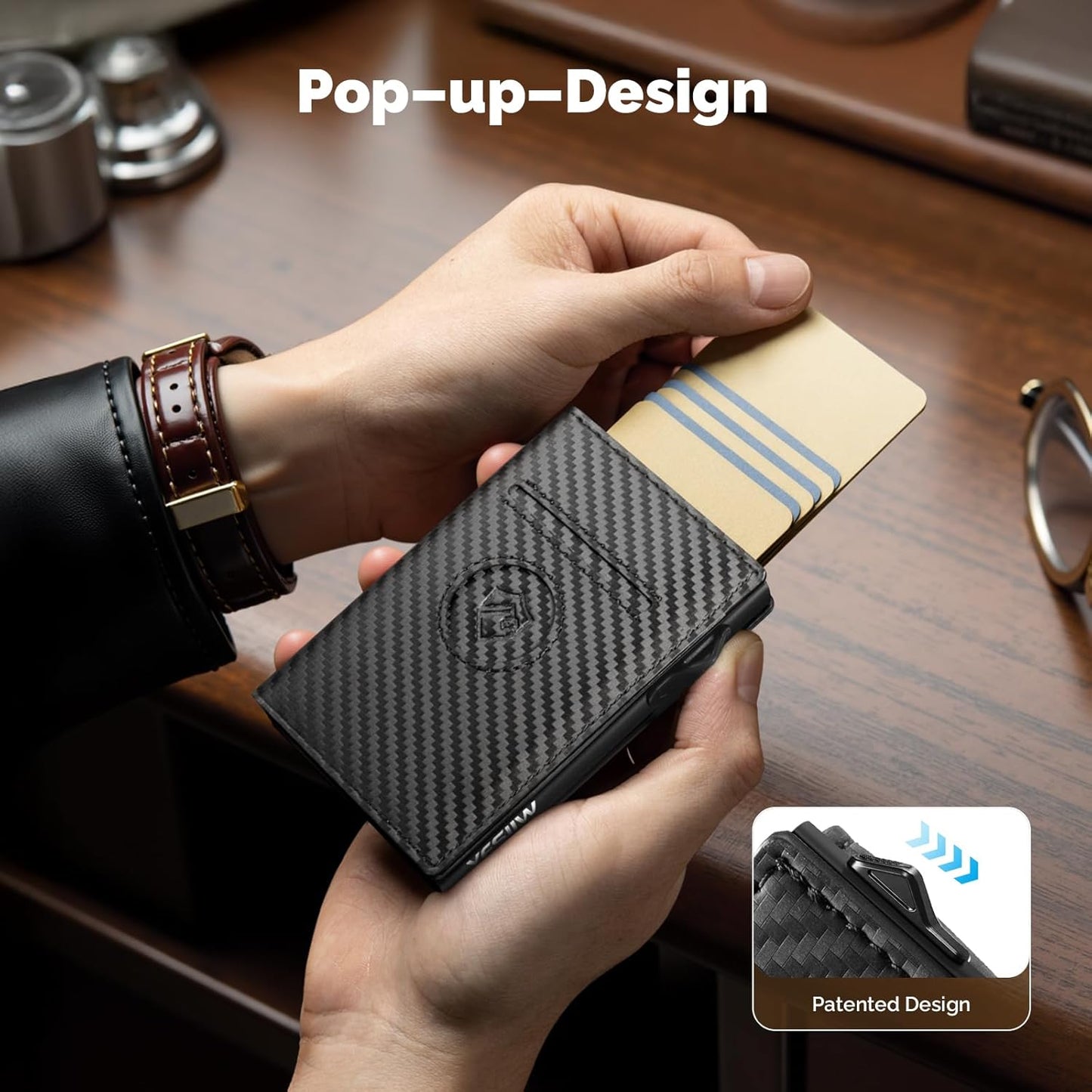 YESIIW Minimalistisches Pop-up-Kartenetui für Herren, RFID-blockierend | Schlankes Visitenkartenetui mit Geldfach | Aluminium-Metall-Bankkartenetui für Scheine, Münzen und Debitkarten