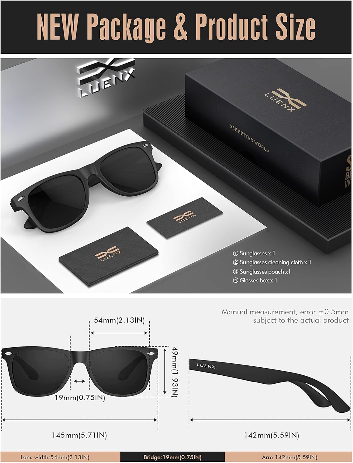 LUENX Polarisierte Sonnenbrillen für Herren und Damen, quadratische Fassung – UV-400-Schutz, 54 mm