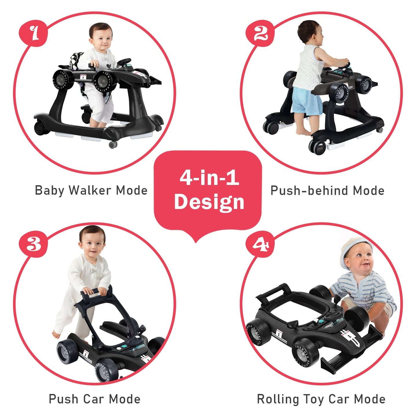 BABY JOY 4-in-1 Baby Walker, Foldable Activity Walker with Adjustable Height & Speed, Music, Lights, Anti-Rollover, Toddler Push Walker, Baby Walker with Wheels for Boys Girls 6-18 Months (Pink)