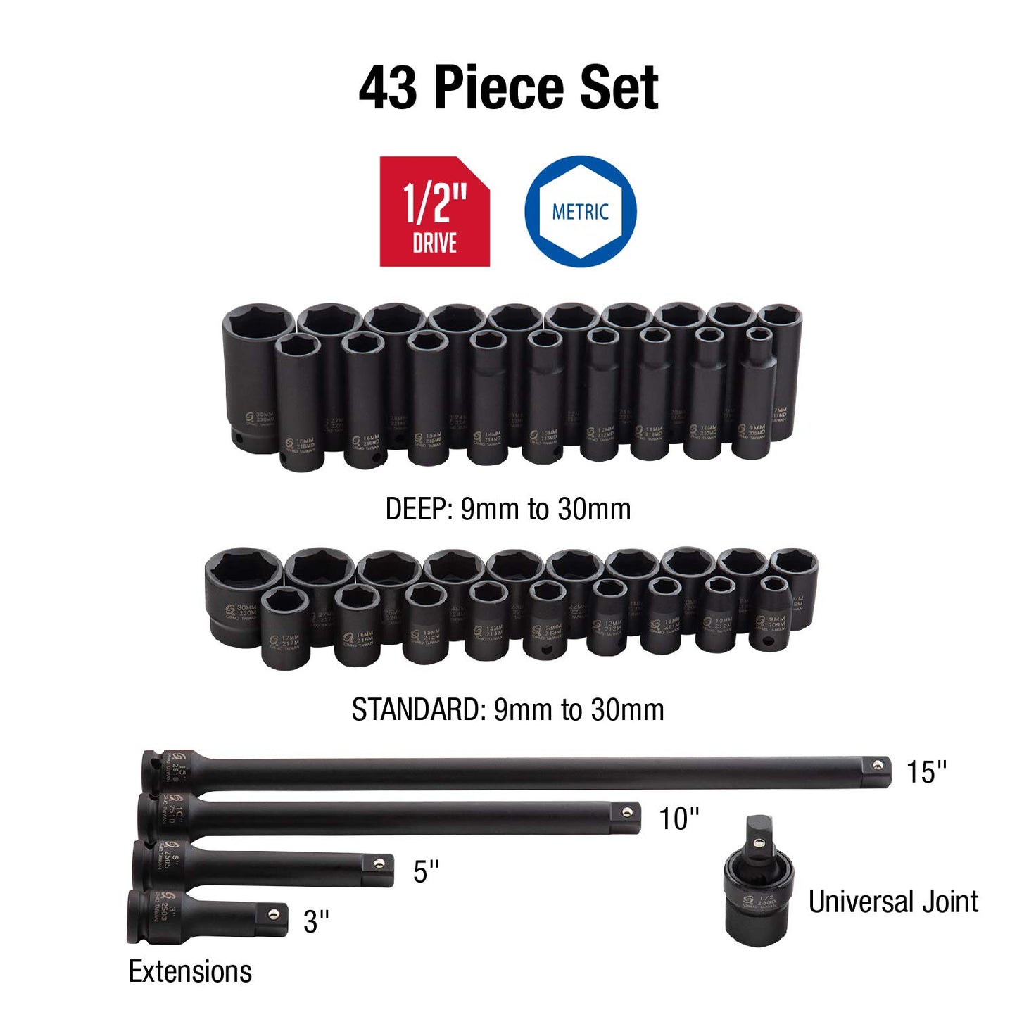SUNEX Tools 80 Piece 3/8 in. Drive Master Impact Socket Set, Universal, Star, External Star, Extensions, Universal Joint, SAE and Metric, 8mm to 19mm and 5/16 in. to 3/4 in., CR-MO Steel, Model 3580