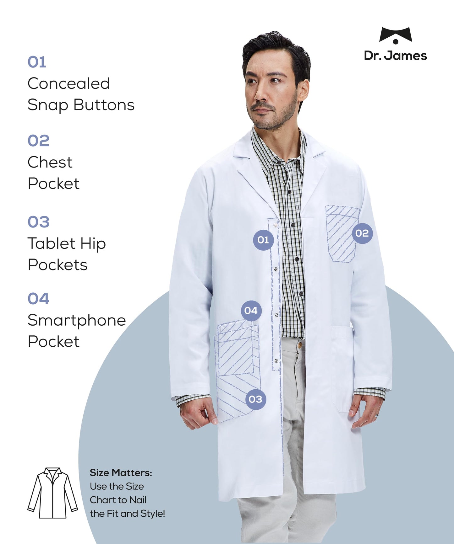 Dr. James 100% Cotton Unisex Lab Coat – White Medical Coat, Classic Fit, 2 Hip Pockets & 1 Chest Pocket, Concealed Snaps