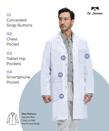 Dr. James 100% Cotton Unisex Lab Coat – White Medical Coat, Classic Fit, 2 Hip Pockets & 1 Chest Pocket, Concealed Snaps
