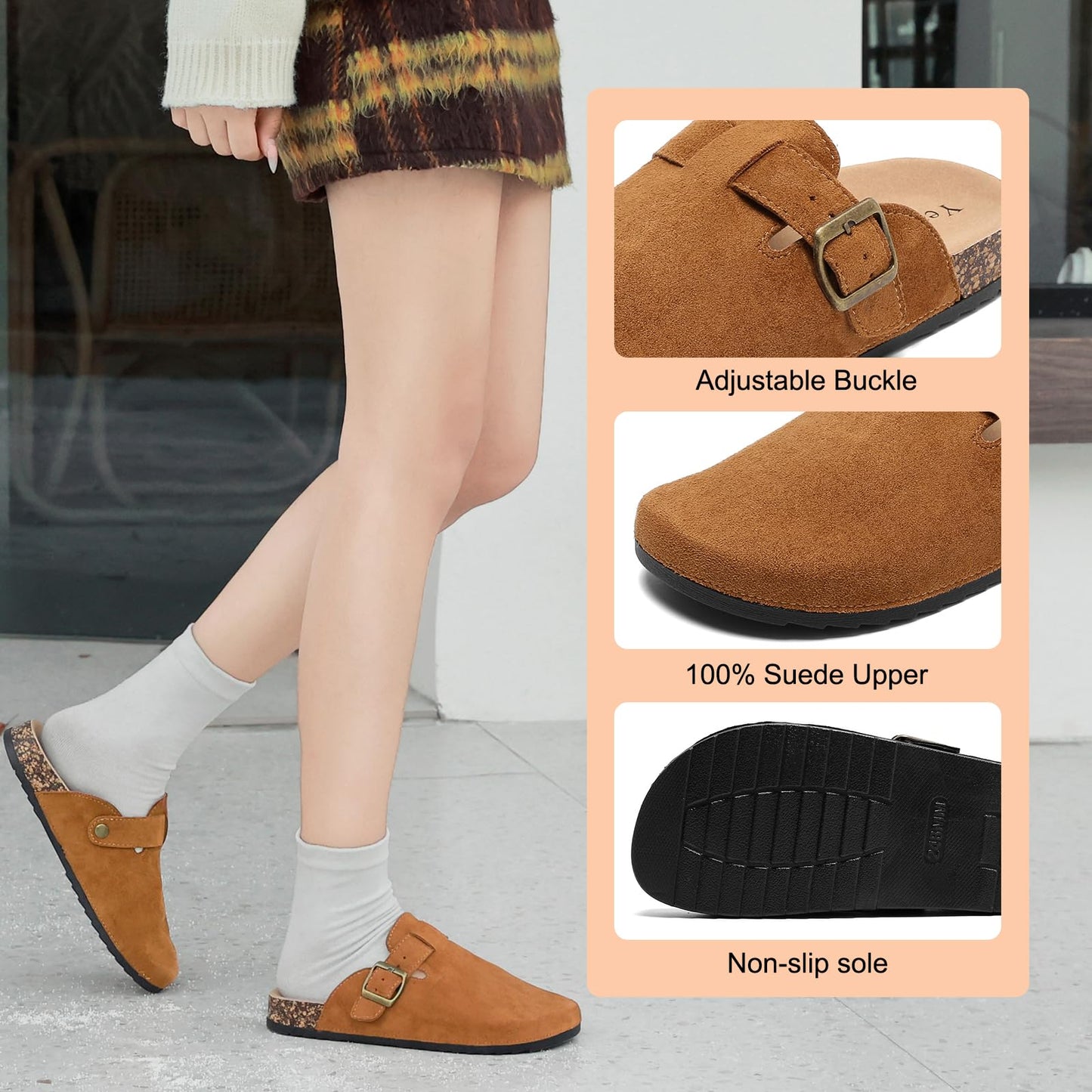 YorFotMae Women's Suede Clogs Mens Leather Mules Comfort Cork Footbed Antislip House Sandals Arch Support Potato Shoes with Adjustable Buckle