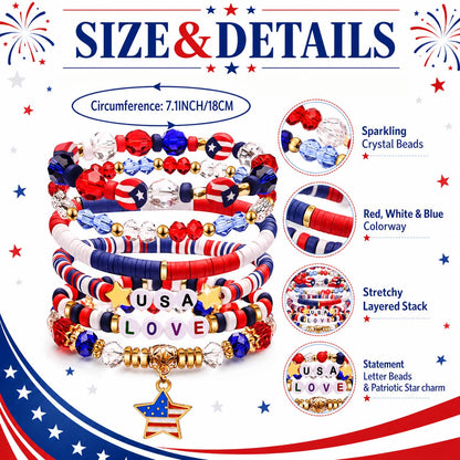 250 Anniversary USA Merchandise 4th of July Outfits for Women Men Teens Red White Blue Clay Beaded Stretch Bracelets USA Patriotic Jewelry 4th of July Accessories