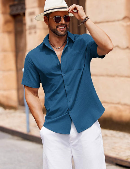 COOFANDY Herren Button-Down Hemden Kurzarm Freizeit Baumwolle Sommer Strand Hochzeitshemden