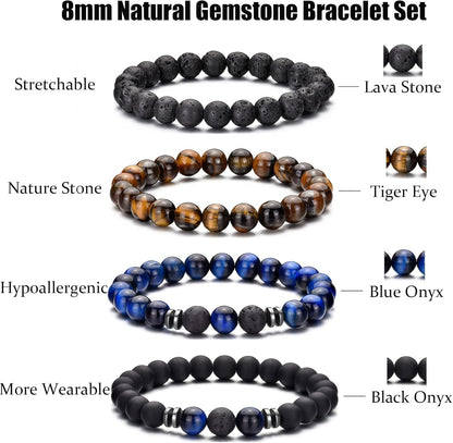 Tigerauge Armband für Herren 8MM Natursteinperlen Armband Set Stretch Lava Stein Armbänder Verstellbares Schwarzes Kristallperlenarmband für Herren Damen Geschenke
