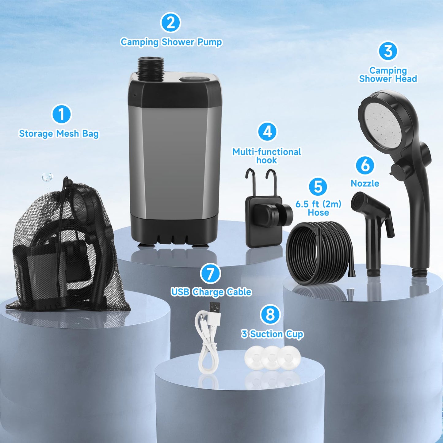 vignuto Portable Shower for Camping, Rechargeable Camping Shower Pump with LED Display of Battery Level and Temperature