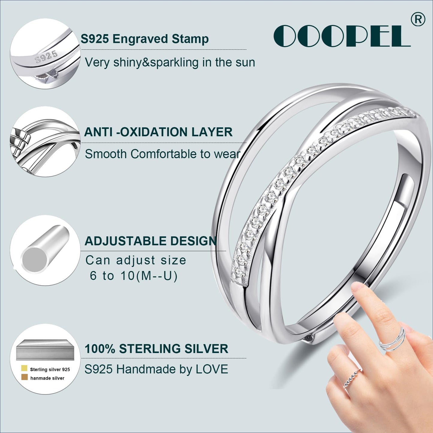 OOOPEL Sterlingsilber Verstellbarer Ring S925 Silberringe für Frauen Zirkonia Twist Liebesknoten Zarter Ring Silber Minimalistischer Offener Fingerring Silber Daumen Sterlingsilberring