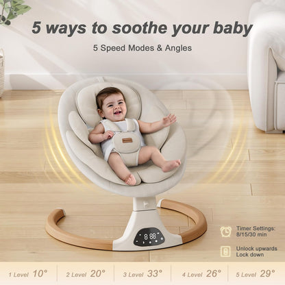 Babyschaukel für Säuglinge, Monamii Babyschaukel, Bluetooth-Babyschaukel mit Musiklautsprecher, 5 Geschwindigkeiten und Fernbedienung, elektrische Babyschaukel, tragbare Babyschaukel, für drinnen und draußen (Hellbeige)