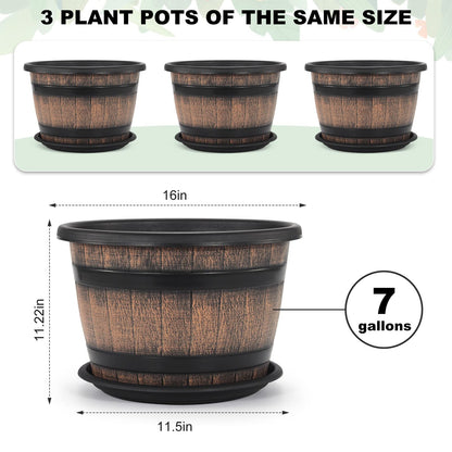 Quarut Plant Pots Set of 4 Pack 12 inch,Large Whiskey Barrel Planters with Drainage Holes & Saucer.Plastic Flower Pots Imitation Wine Barrel Design, for Indoor & Outdoor Garden Home Plants (Brown)