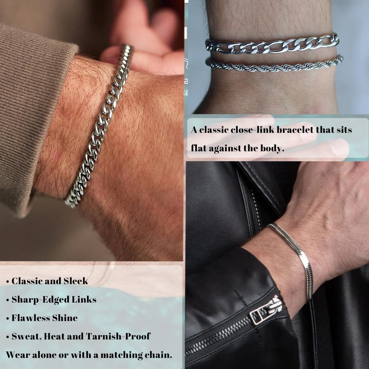 3 Stück Herren Silber Armbänder, robustes Curb Edelstahl Breite Schlangenkette Figaro Cuban Armband Set 7/7.8+1.2 Zoll verstellbares Stapel-Silberkettenarmband für Männer