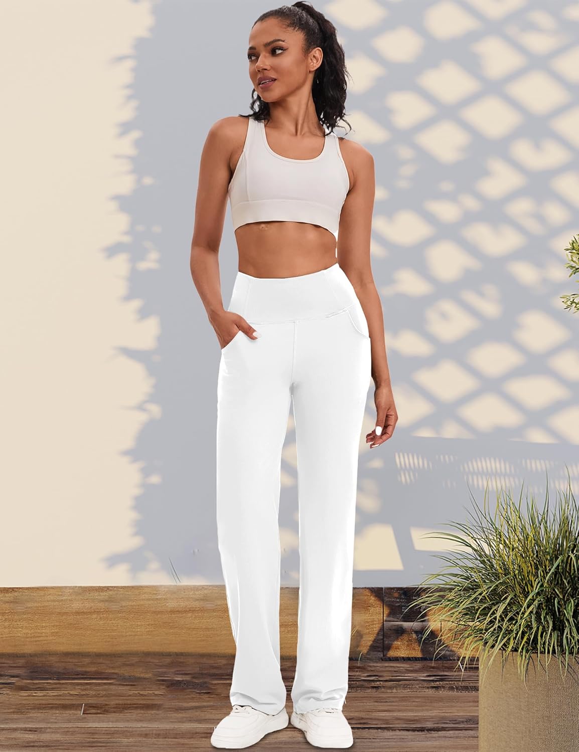 VOOVEEYA Yogahosen für Damen mit Taschen, gerade geschnittene Hose mit weitem Bein, hochtaillierte Business-Hose, petite/regulär//lang