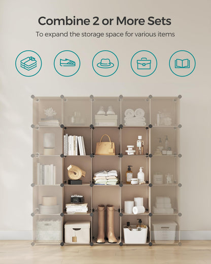 SONGMICS Cube Storage Organizer, Set of 16 Plastic Cubes, Closet Organizers and Storage, Room Organization, Bedroom Living Room, 12.2 x 48.4 x 48.4 Inches, Rustic Brown ULPC442A01