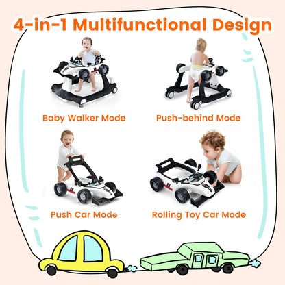 HONEY JOY 4-in-1 Baby Walker, Activity Push Walker w/3 Adjustable Heights, Smooth Wheels w/Adjustable Speed, Padded Seat, Music & Light, Foldable Car Walker for Baby Boys Girls Age 6 Months+ (Blue)
