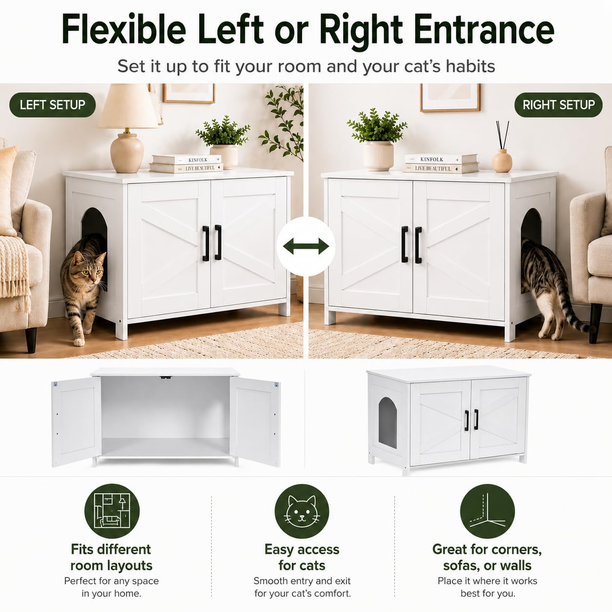 Homhedy Cat Litter Box Enclosure, Wooden Cat Washroom Furniture with Barn Door, Pet House, Fit Most of Litter Box, White