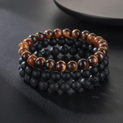 Tigerauge Armband für Herren 8MM Natursteinperlen Armband Set Stretch Lava Stein Armbänder Verstellbares Schwarzes Kristallperlenarmband für Herren Damen Geschenke