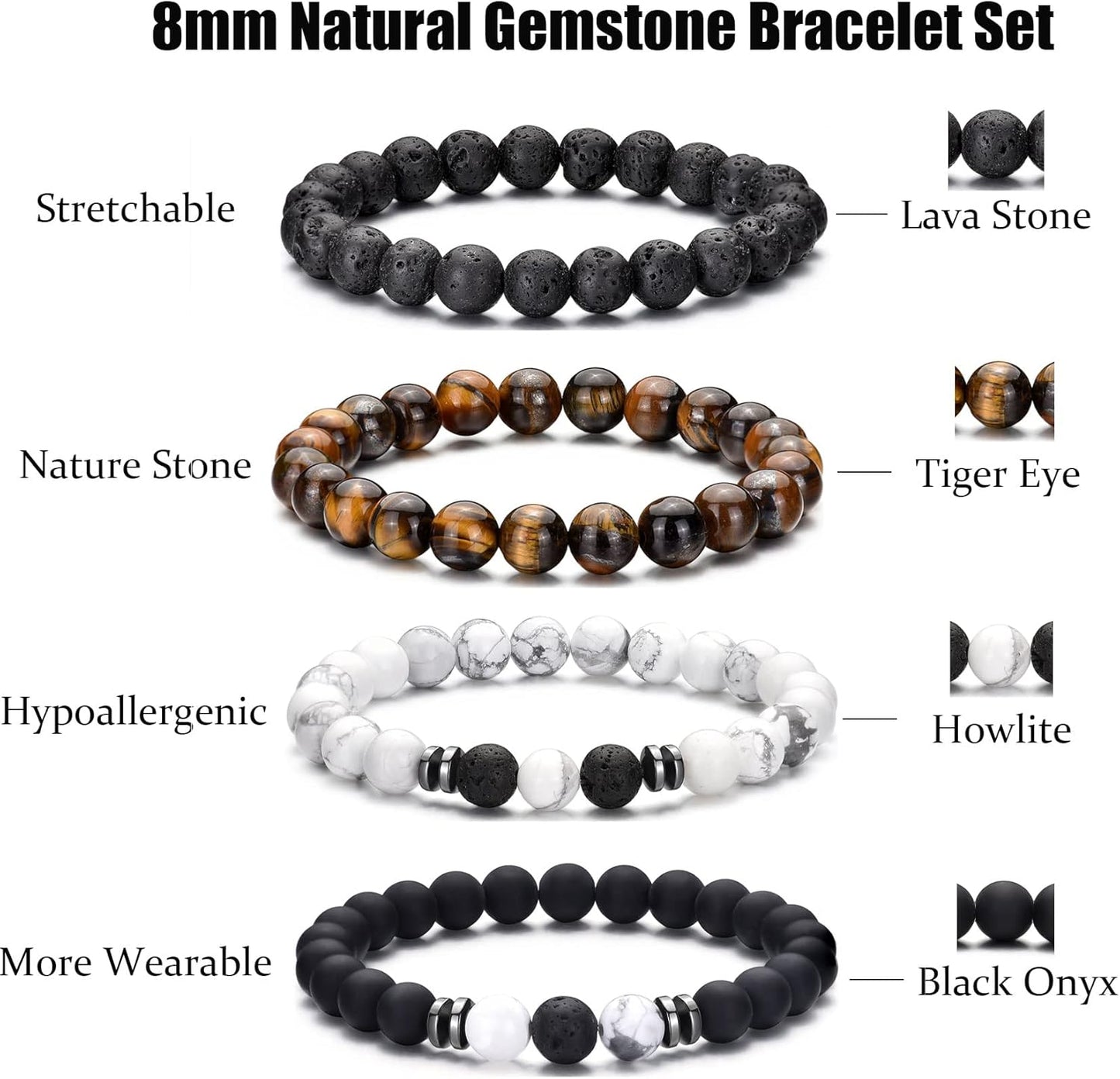 Tigerauge Armband für Herren 8MM Natursteinperlen Armband Set Stretch Lava Stein Armbänder Verstellbares Schwarzes Kristallperlenarmband für Herren Damen Geschenke