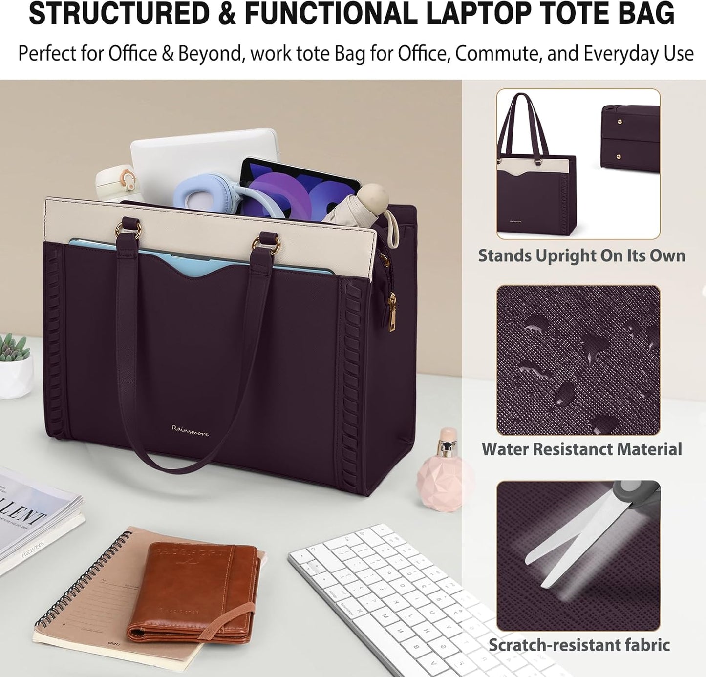 RAINSMORE Laptop Bag for Women 15.6 Inch Work Tote Bag with Detachable Strap & Bow Leather Laptop Tote with Cup Holder